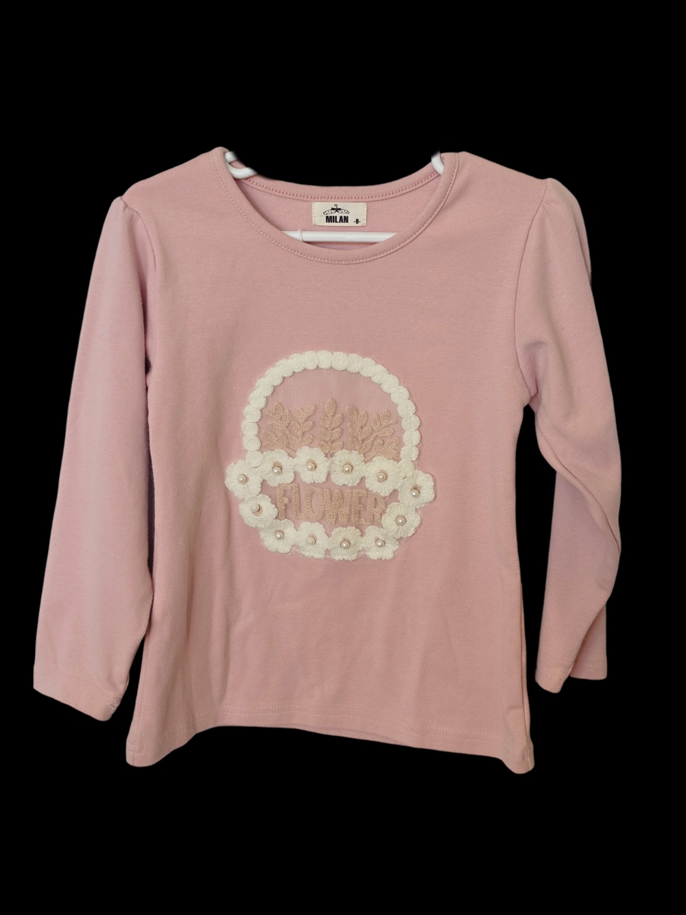 Milan Pink Long Sleeve Top with White Floral Basket Applique
